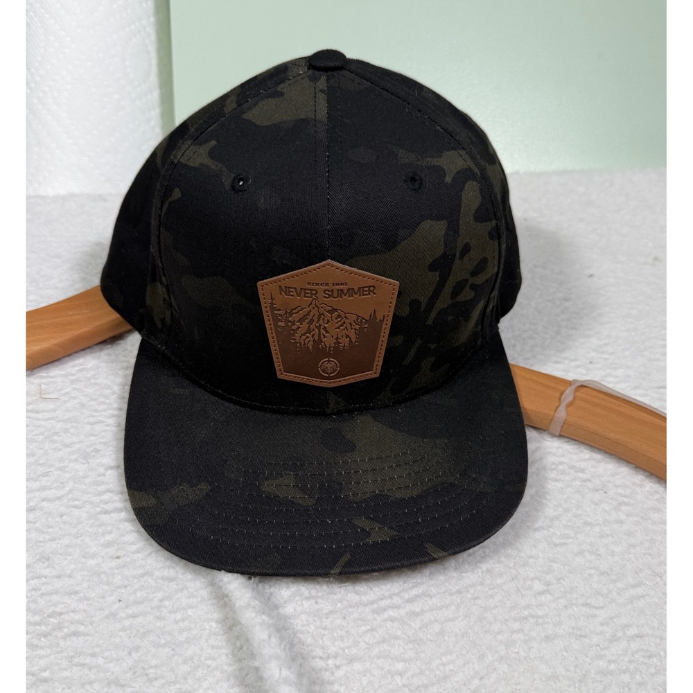 Never Summer Industries Leather Patch Camo Hat Yupoong YP Classics Snapback Cap
